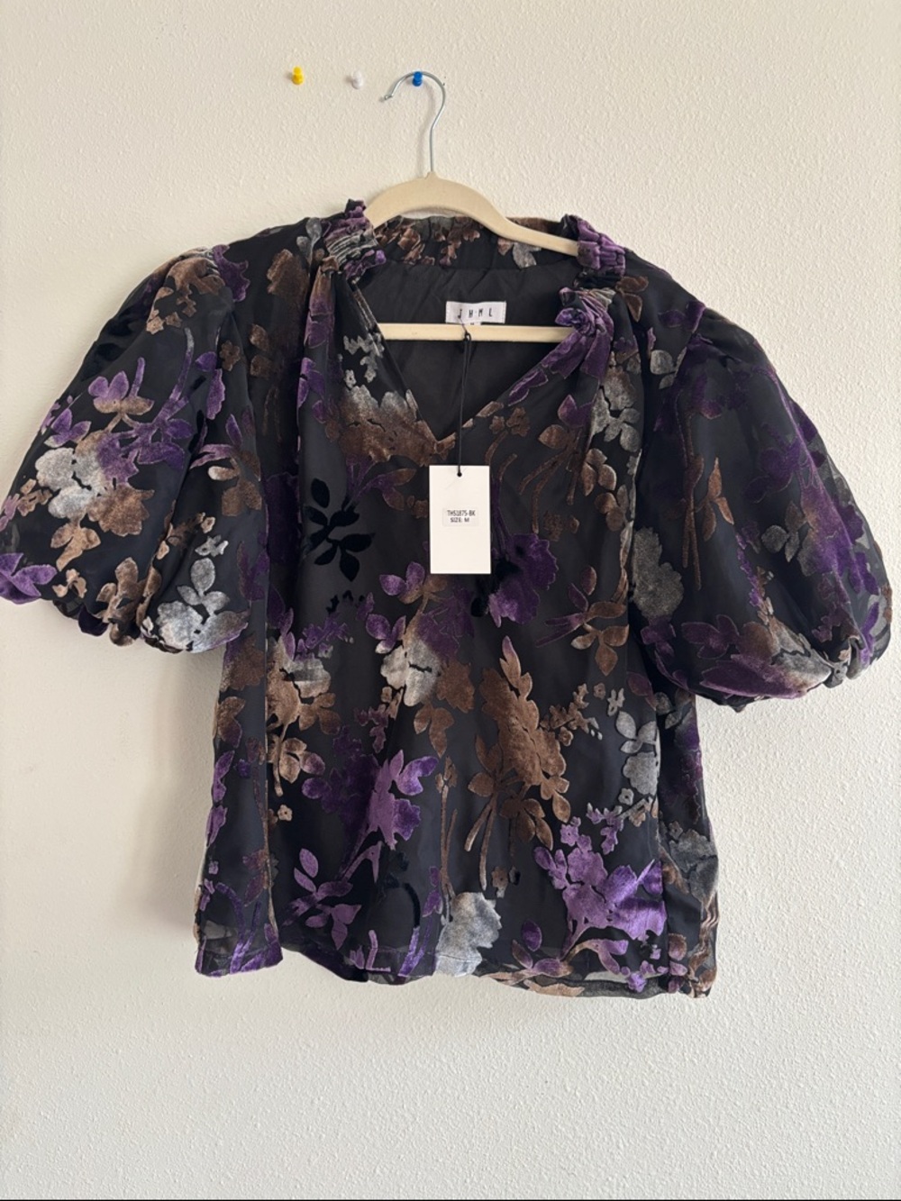 Black Floral Puff-Sleeve Blouse in Purple and Bronze